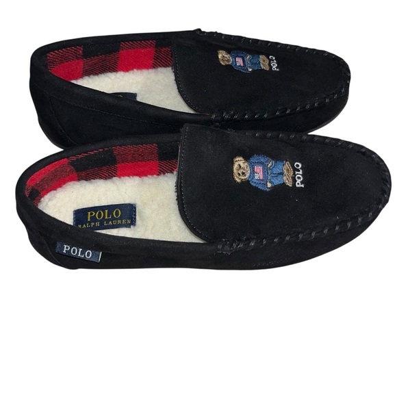 POLO RALPH LAUREN Bear Black Suede Moccasin Slipper Sherpa lined new nwot men 8 - Picture 5 of 7